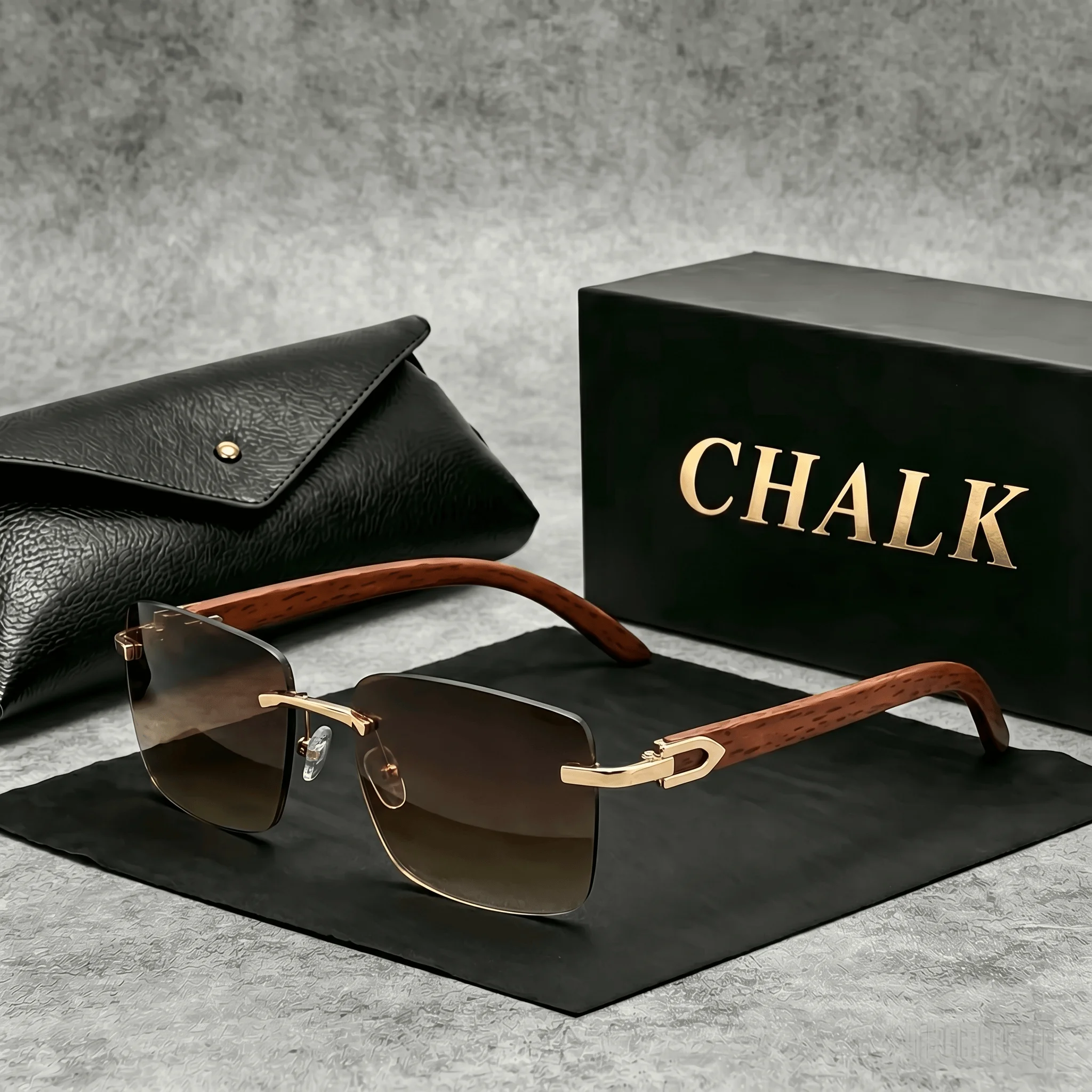 CHALK Neue modische randlose Vintage-Sonnenbrille mit Holzgestell für Damen, ozeanfarbene kleine quadratische Rahmen und Sonnenbrillen für
