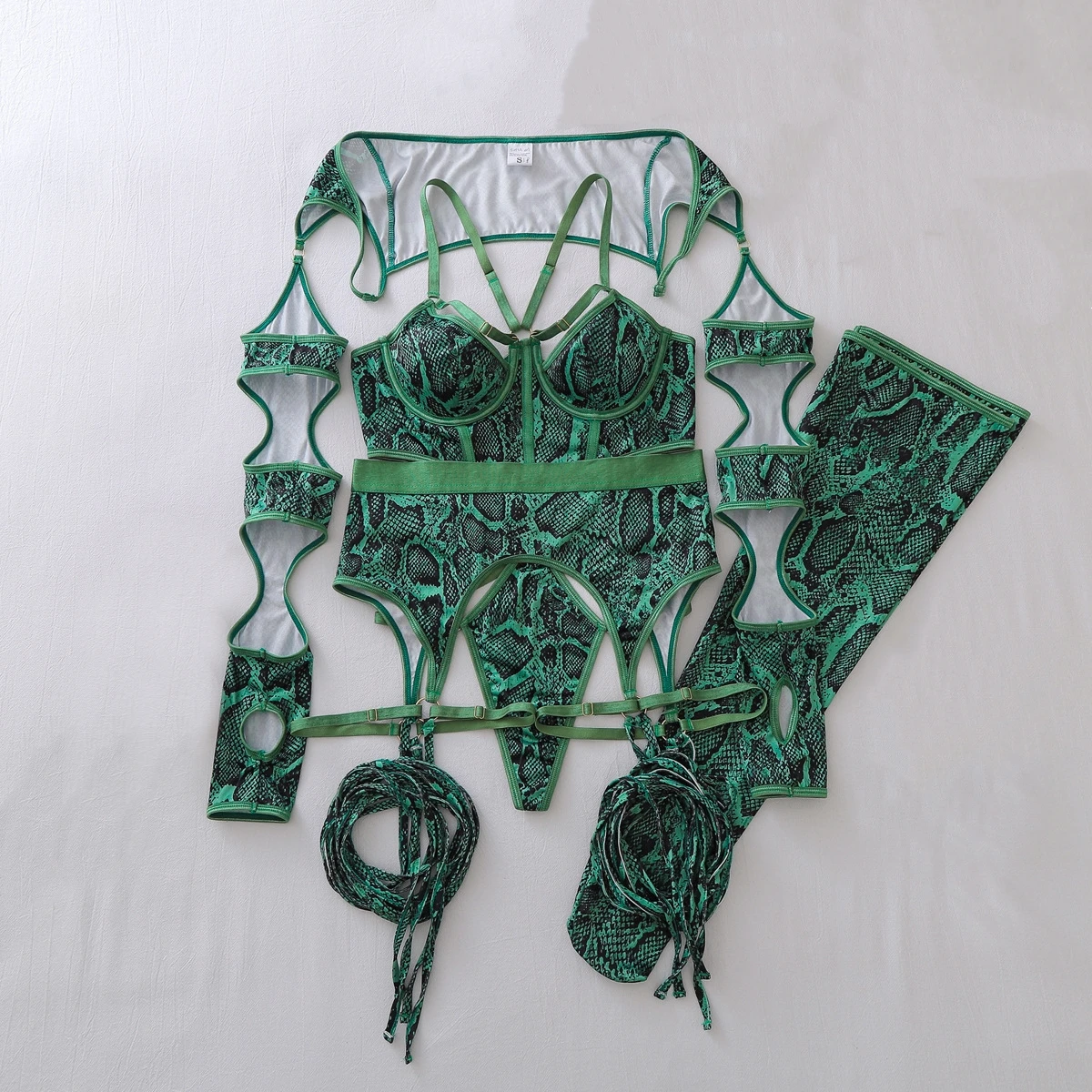 

New 2026 Stylish Snake Pattern Lingerie Set Women Hollow-Out Strappy Design Bodysuit Set with Stockings Female Bandage Underwear