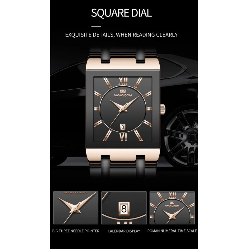 Square men's clock personalized design waterproof dial multifunctional date stainless steel fashionable quartz watches for men