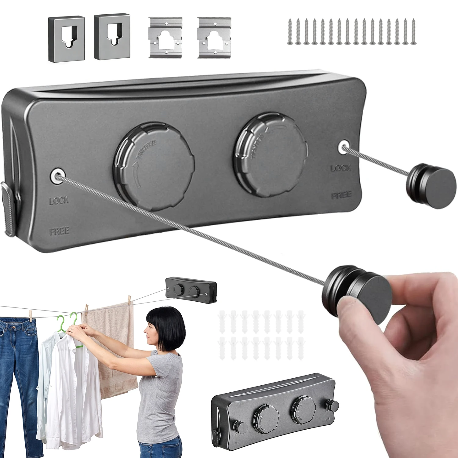 Tendedero retráctil con dos cuerdas de acero inoxidable de 5,1 m, extensión para tendedero, perilla de ajuste de tensión para pared, adecuado para balcones y baños, capacidad de carga de hasta 20 kg.