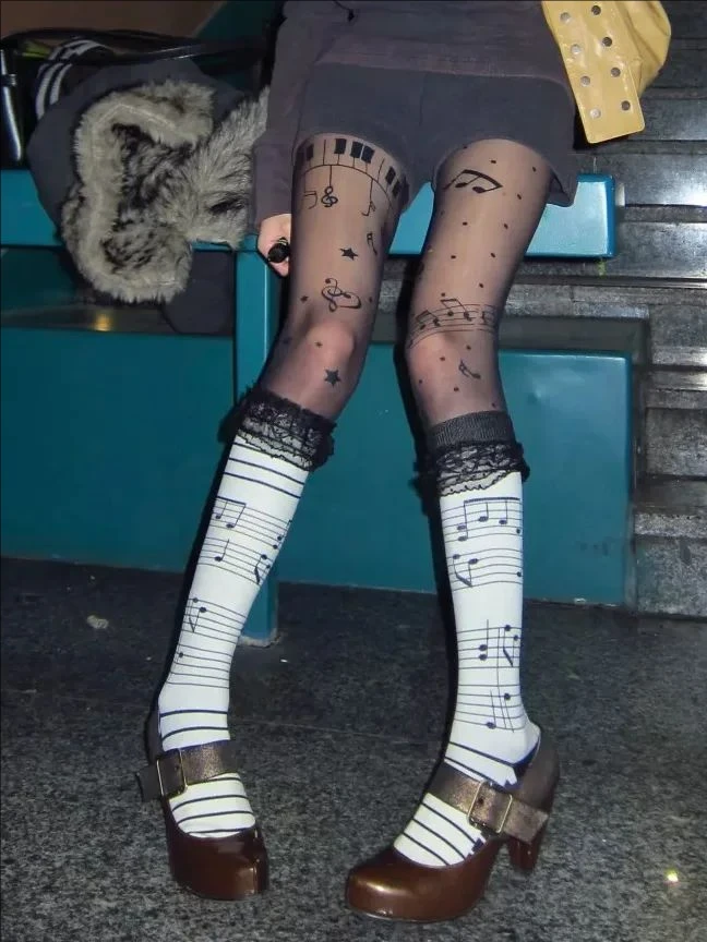 Japanese Y2K Girl Subculture Black Lace Ruffle Long Socks Music Note Tiered Lolita Vintage Stockings Gothic Mid-Calf Stocking image 5