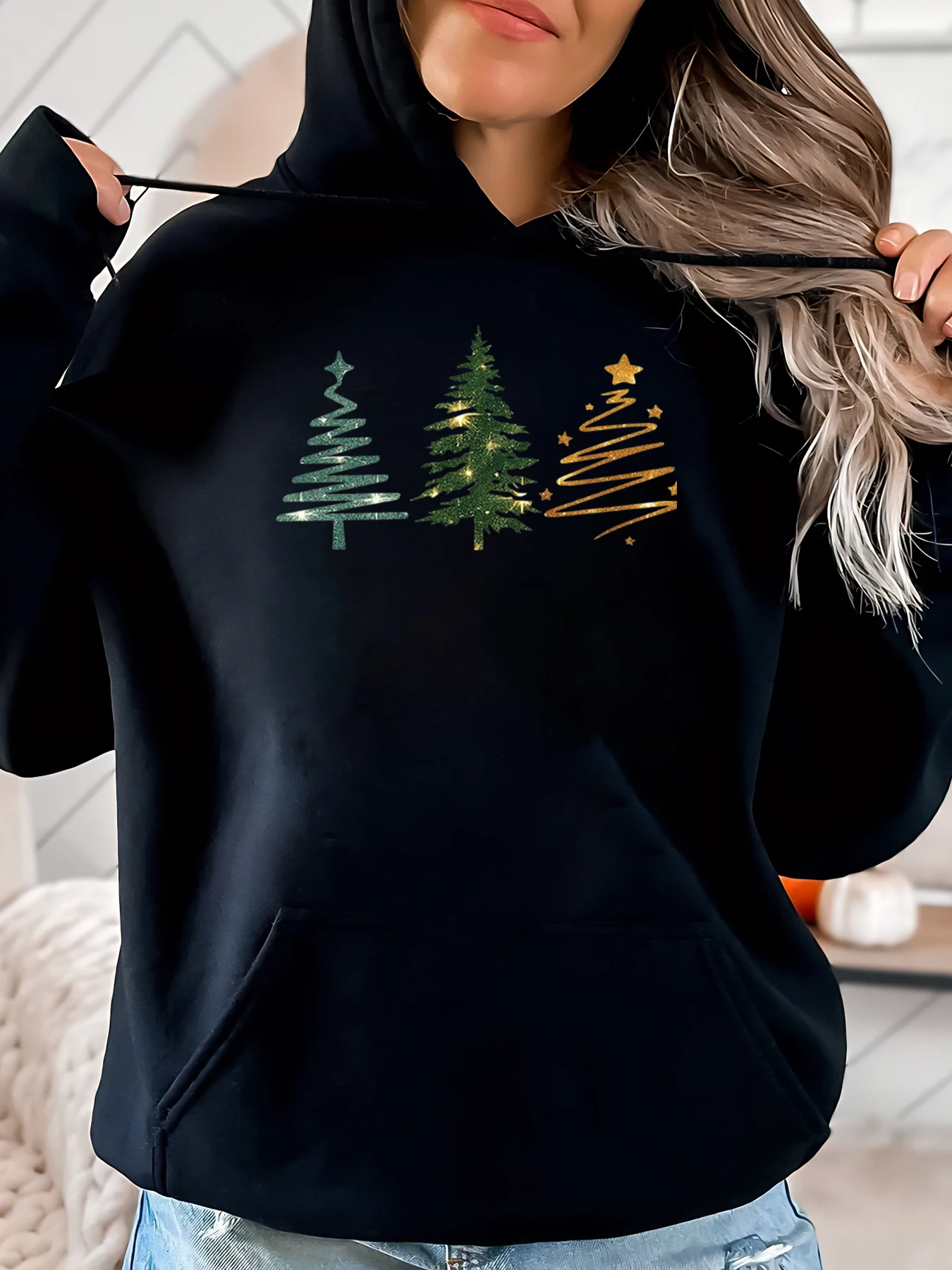 Weihnachts-Kapuzenpullover mit Weihnachtsbaum-Aufdruck für Damen, lässiges Winter-Outfit, Schwarz, Übergröße