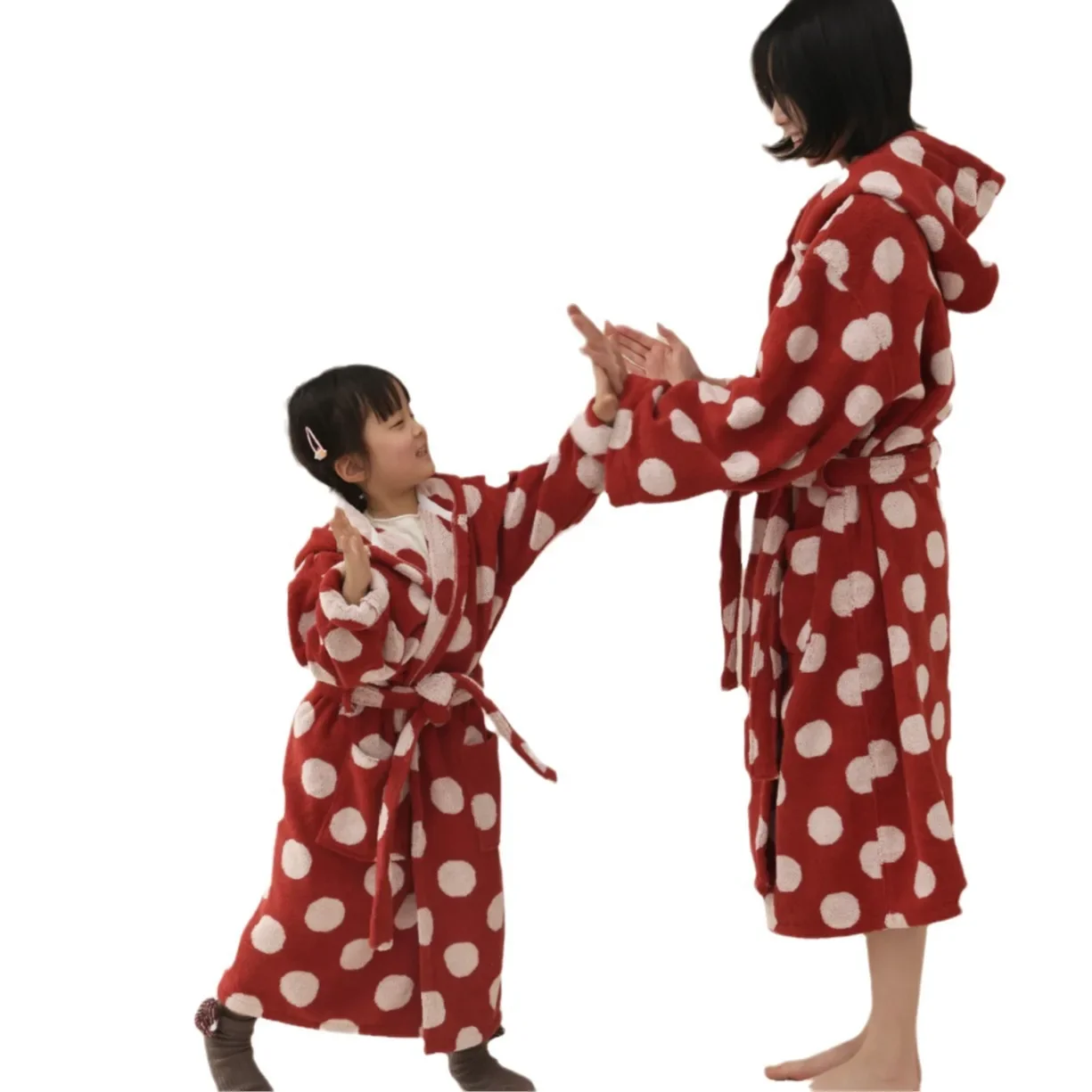 Parent child polka dot style bathrobe, long staple cotton hooded children\'s and adult hotel home bathrobe