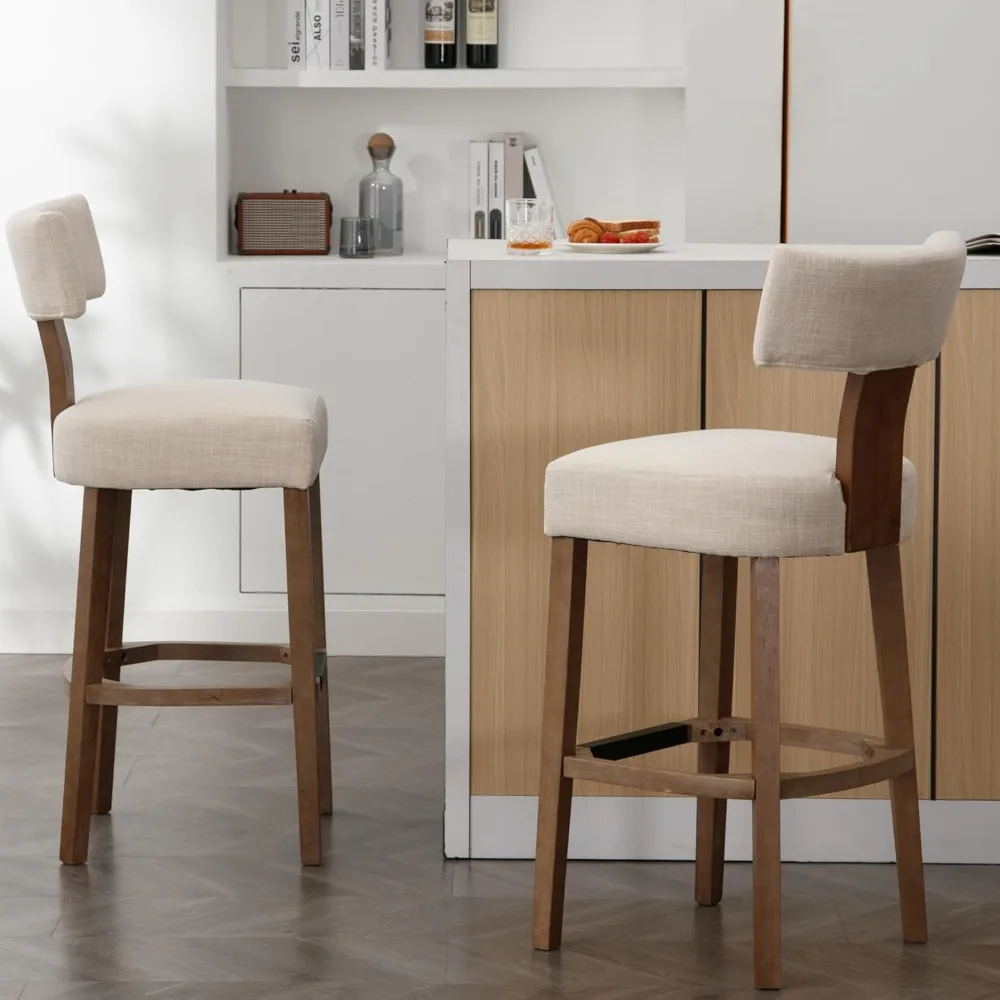 

Pair of 30-inch Counter Height Modern Kitchen Bar Stools with Upholstered Back and Linen Seat