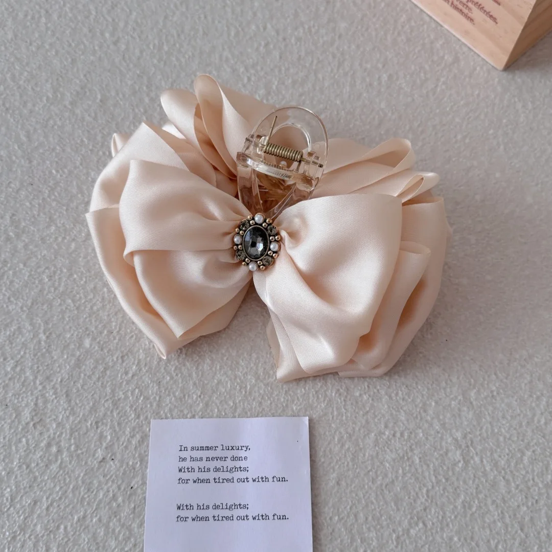 10pcs/lot Solid Silk Satin Bow Hair Claws for Women Elegant Hair Ornament Round Crystals Buckle Decorated Hair Bow Shark Claws