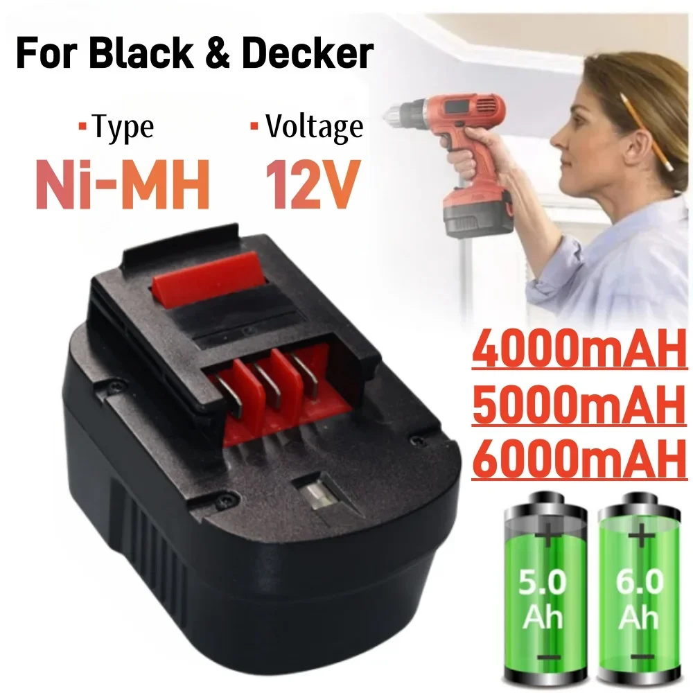 12V 4000/5000/6000mAh Replacement For Black&Decker Ni-MH Drill Tools Battery A12 A12EX FSB12 FS120B A1712 HP HP12 Rechargeable B