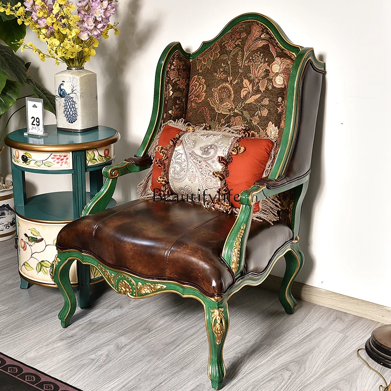 Cadeira de sofá único americano, entrada de madeira maciça, sala de estar, varanda, cadeira tigre