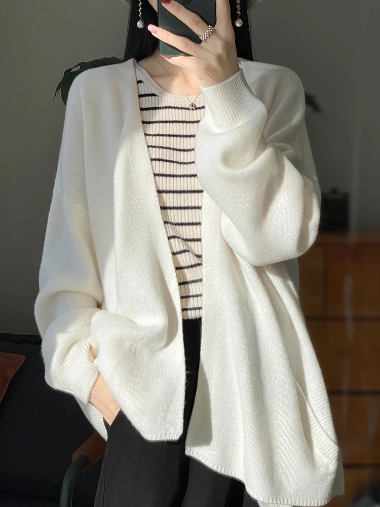 ADDONEE Women Cashmere Sweater Casual Loose Cappa Cardigan Autumn Winter 100% Merino Wool Knitwear Korean Popular Clothing Tops