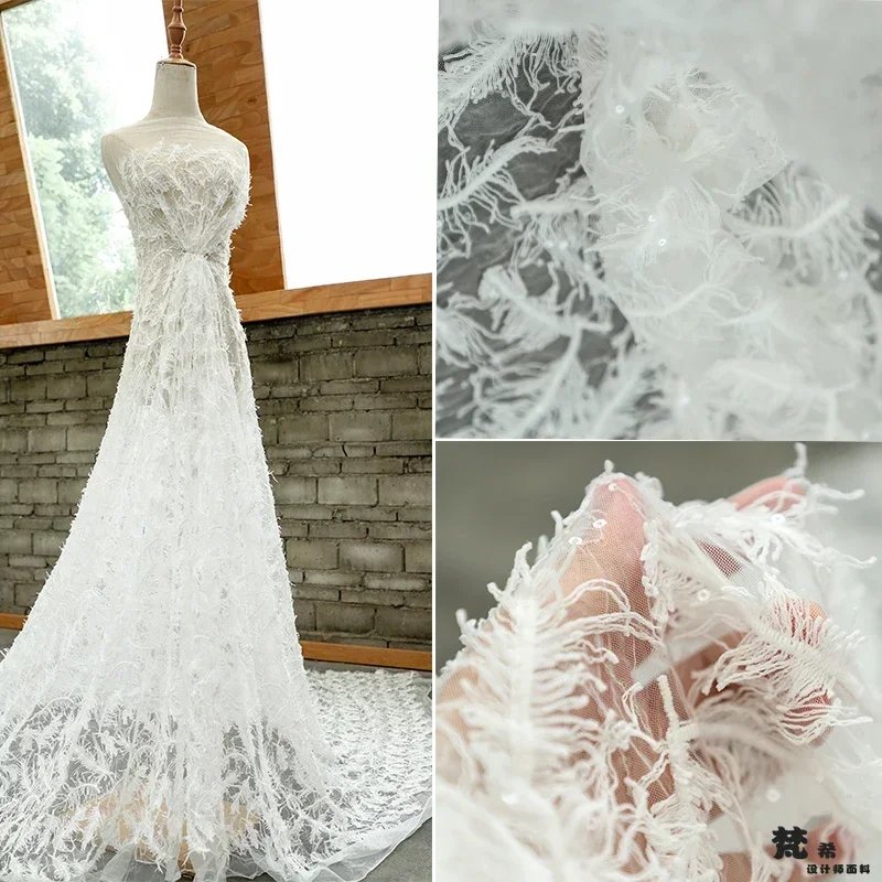 Feather Hollow Mesh Fabric Three-dimensional Perspective Lace Pattern Embroidered Wedding Dress Curtains for Clothing Diy Sewing