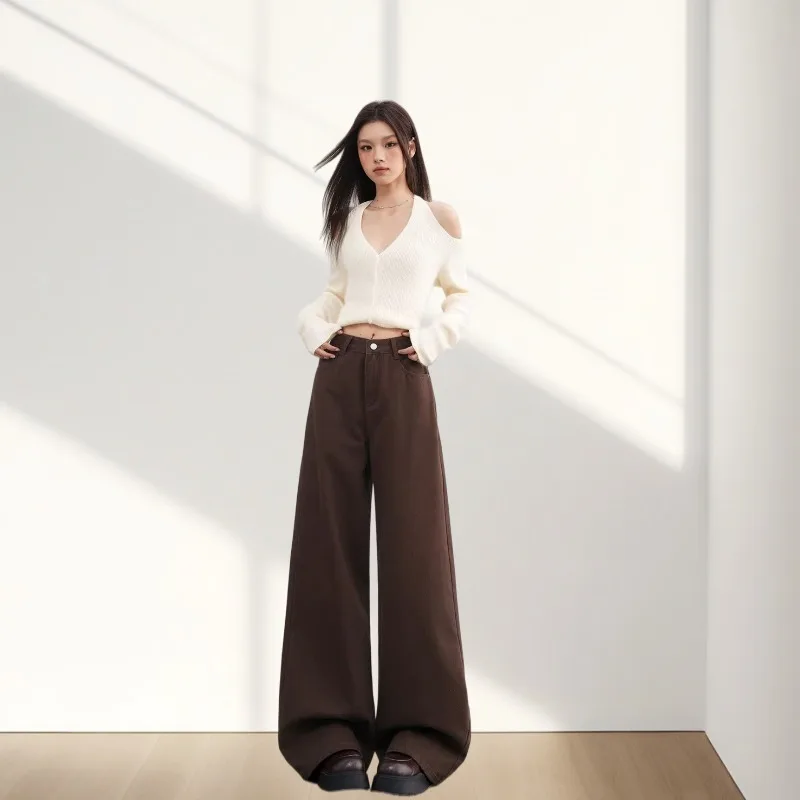 2026 Spring New American Washed Coffee Brown Maillard High Waist Jeans, Spicy Girl's Meat Covering Wide Leg Floor Pants