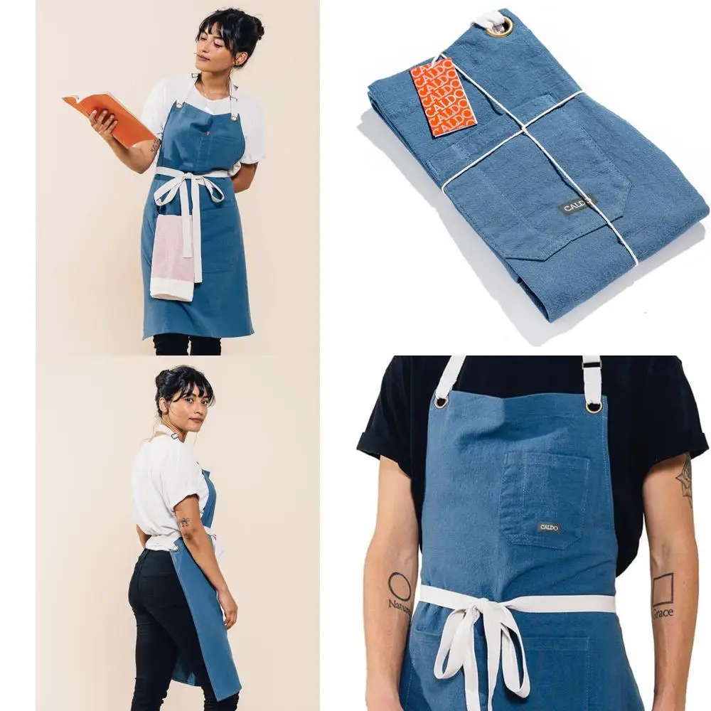 

Linen Cooking Apron with Pockets - Unisex Vintage Blue Apron for Chefs, Servers, and Baristas