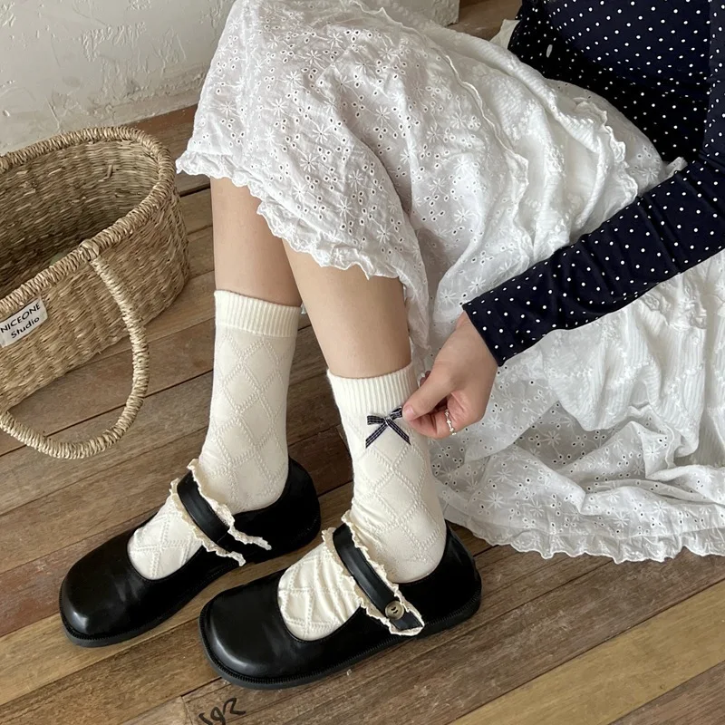 3 Pairs Causal Cute Light Vintage Navy Blue Bow Korean Socks Women's Mid-tube Sock Simple Comfortable Daily Commute Stocking