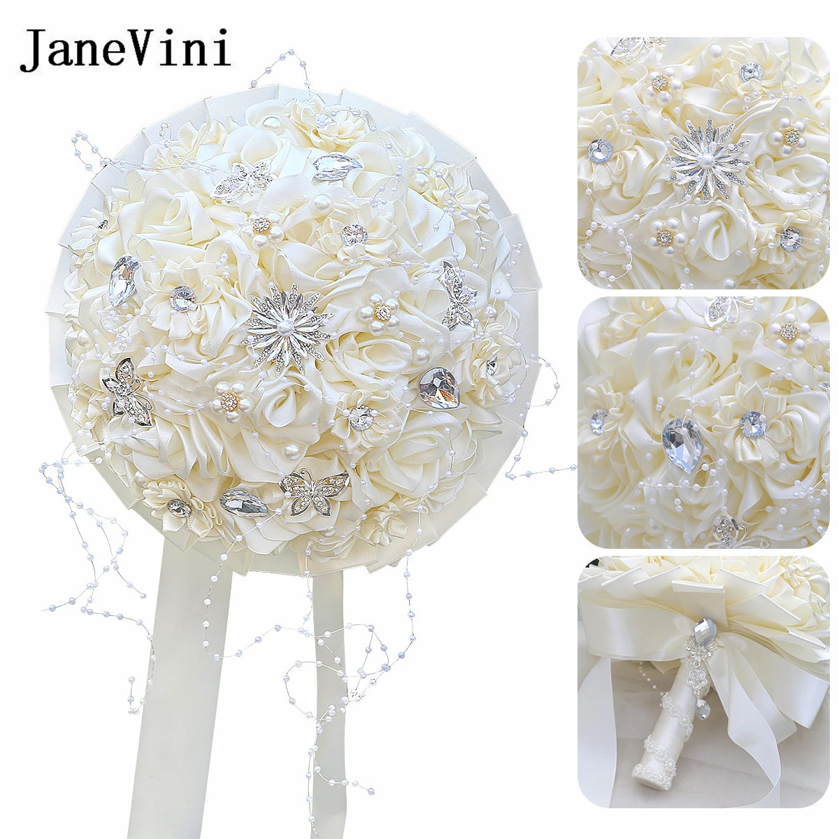 JaneVini Elegant Ivory Flowers Artificial Wedding Bouquet Fleur Artificielle Silver Butterfly Crystal Bridal Bridesmaid Bouquets