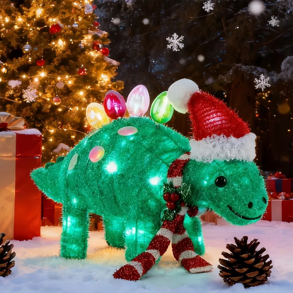 Beleuchtete 3D-Lametta-Stegosaurus-Weihnachtsdekoration, vorbeleuchtete grüne Dinosaurier-Hofkunst für den Außenbereich, 25 Länge x 13 Höhe