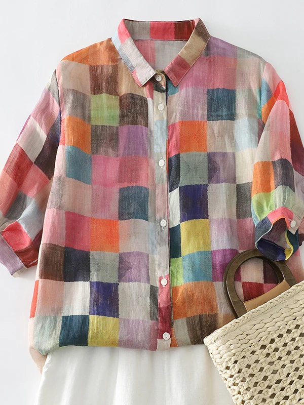 

Retro Contrast Color Print Lapel Shirt Women's Summer Thin Loose Fashionable Youthful Single Button Versatile Top