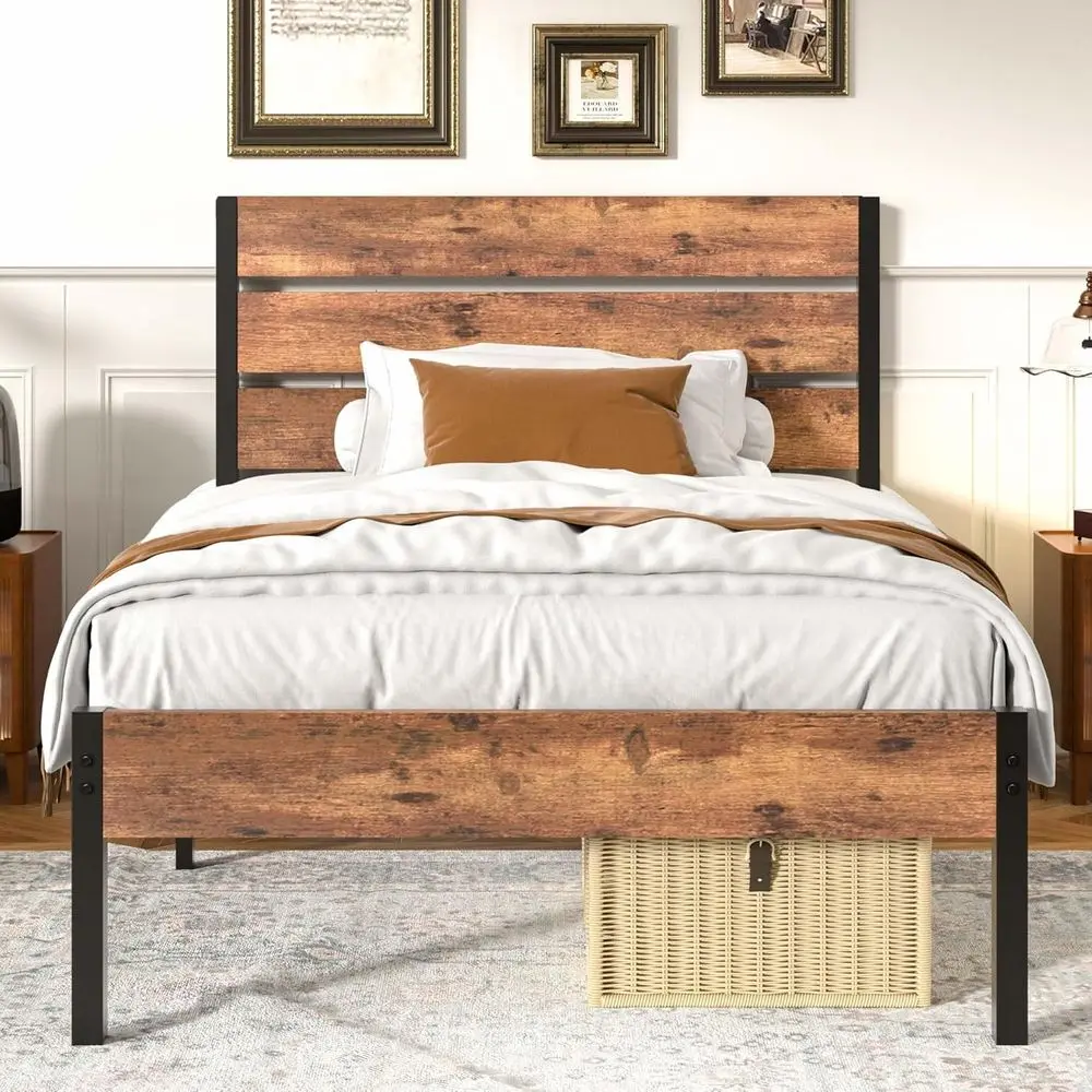 

Каркас кровати на двойной платформе VECELO в деревенском коричневом стиле с деревянным изголовьем, изножьем и металлической опорой для рейки, 12 мест для хранения вещей, без коробчатой пружины Ne