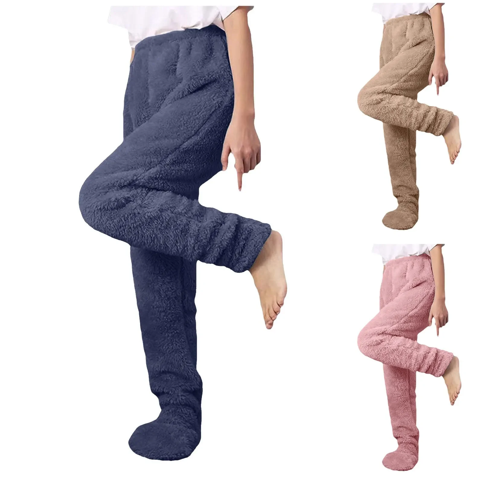 Women's Winter Fleece-Lined Pyjama Bottoms Loose Sweatpants Elastic Waist Casual Socks Covered Ladies Comfortable Straight Leg