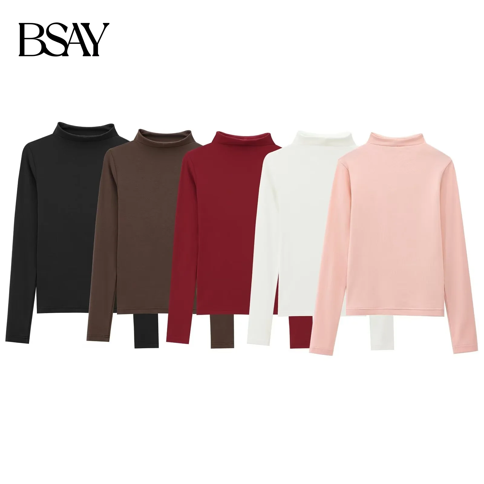 BSAY Herbst Neue frauen 2025, Mode Einfarbig pullover T-shirt Retro Hohe Kragen Langarm Einzigartige Shirt Top