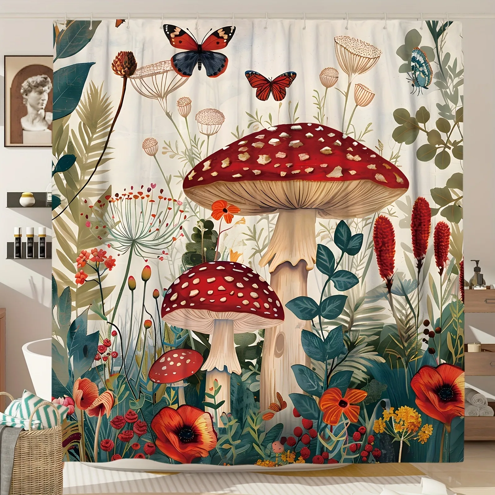 Rustic Farmhouse Shower Curtain 3D Printing Polyester Waterproof Mushroom Wildflower Design with 12 Hooks Bathroom Accessories