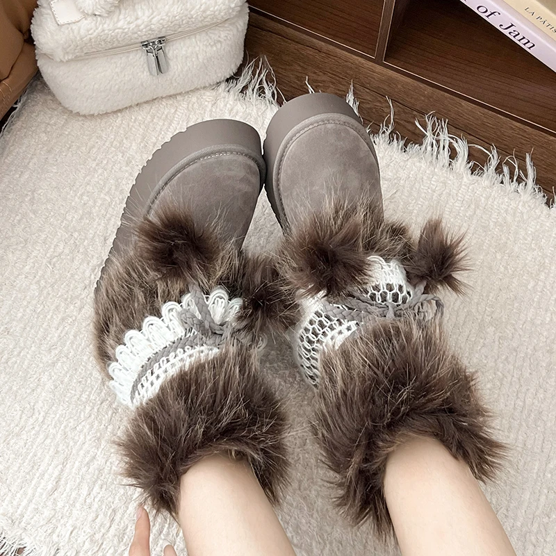 فو الفراء النساء الشتاء الثلوج الفاخرة رقيق غامض دافئ دافئ منصة مقاومة للماء الدانتيل متابعة منتصف العجل أحذية التزلج 2025 جديد حار