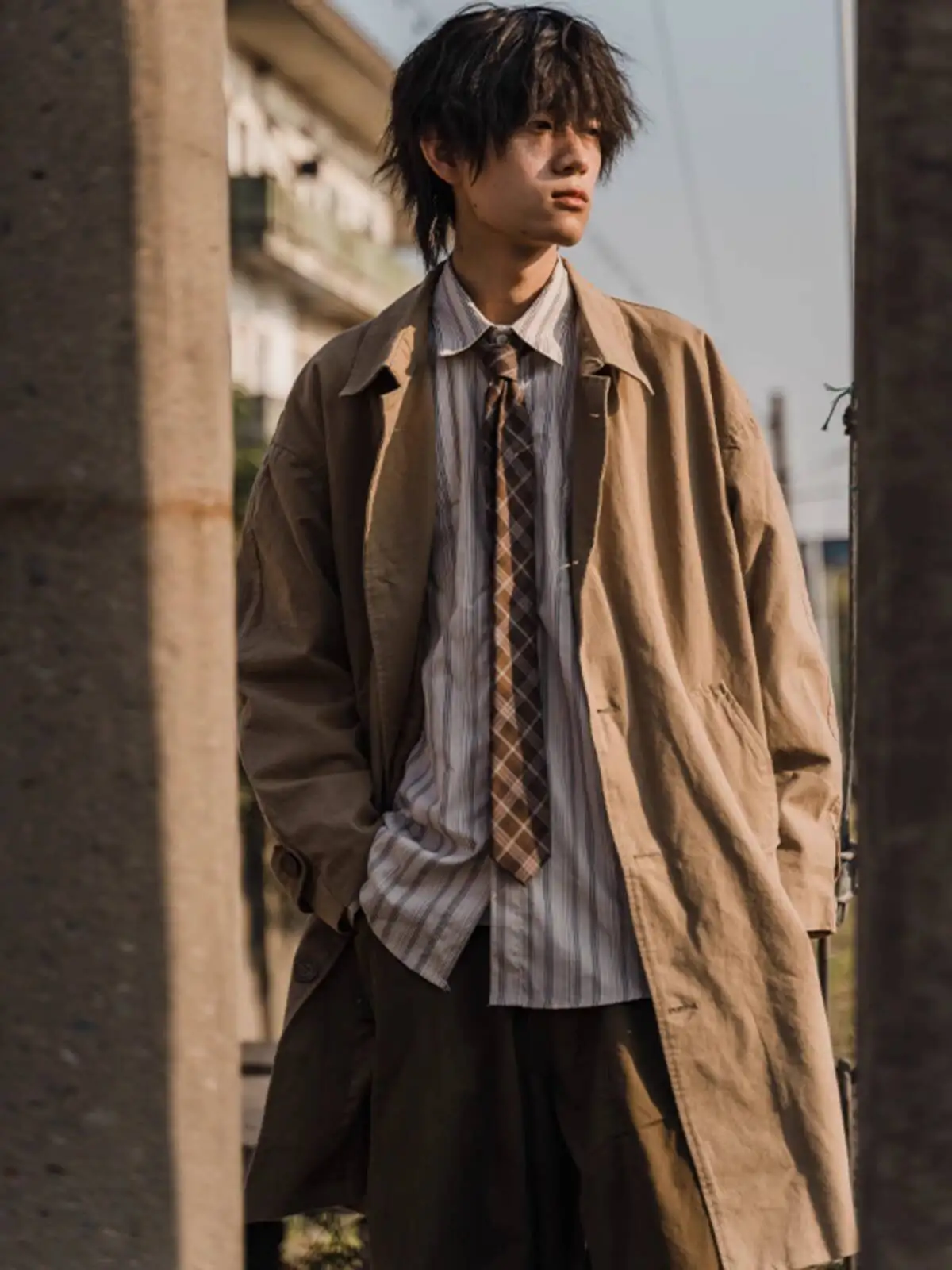 

Korean Style Spring Trench Coat Man Streetwear Windbreaker Men Solid Business Casual Loose Sashe Fashion Long Overcoat