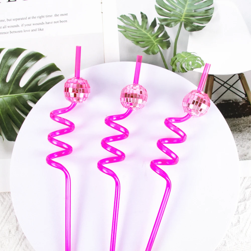 Afbeelding 5: 6/8 Stuks Roze Discobal Swirly Rietjes Set Cocktail Rietjes Disco Bachelorette Decoraties Groovy 70S Disco Verjaardagsfeestje levert