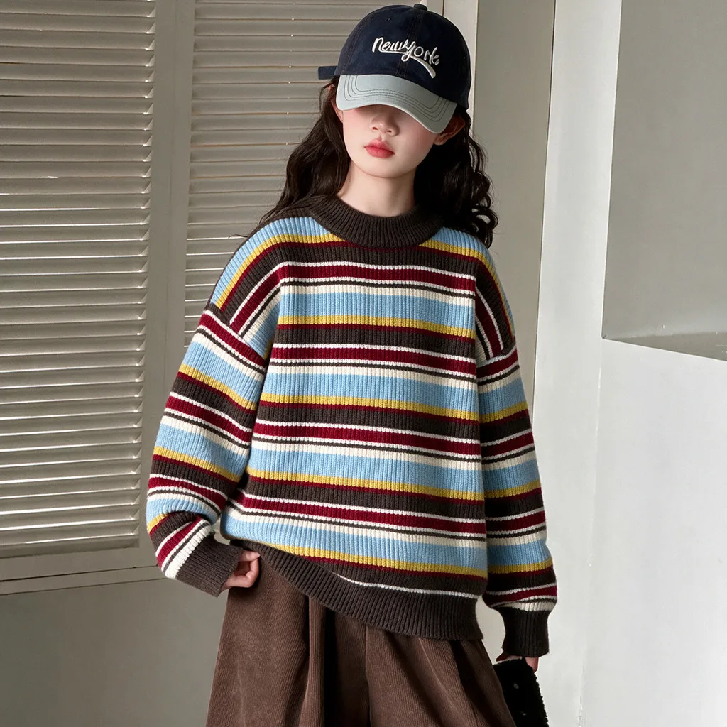 Girls Knit Sweater Colorful Striped Crew Neck Autumn Children Tops 2026 Warm Minimalist