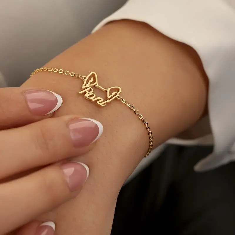 

Lateefah Customizable Stainless Steel Bracelet Cute Hollow Pet Ear Design with Names for Cats And Dogs