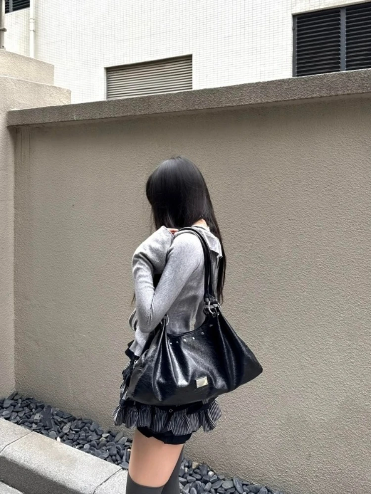 Japanese Sweet College-Style 3-Piece Set Women Gray Knit Cardigan + Halter Inner Top + Layered Cake Skirt Cute Elegant Outfit