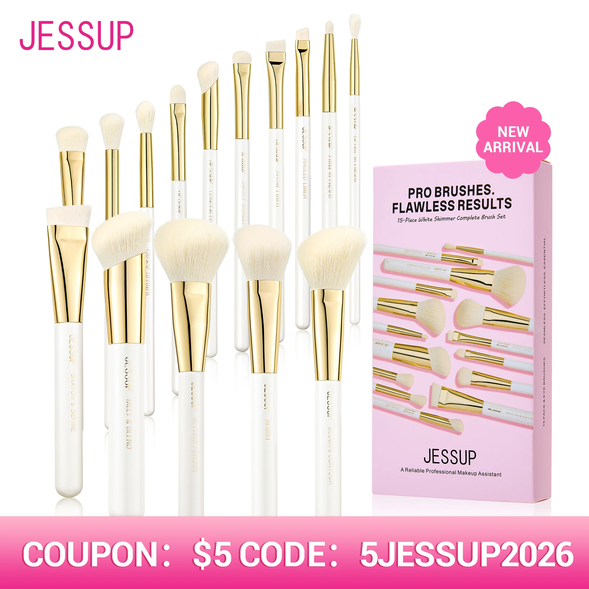 Jessup 15pcs Makeup Brushes Set Synthetic Soft White Shimmer Handle Foundation Contour Concealer Eyeshadow Cosmetic Tool T518