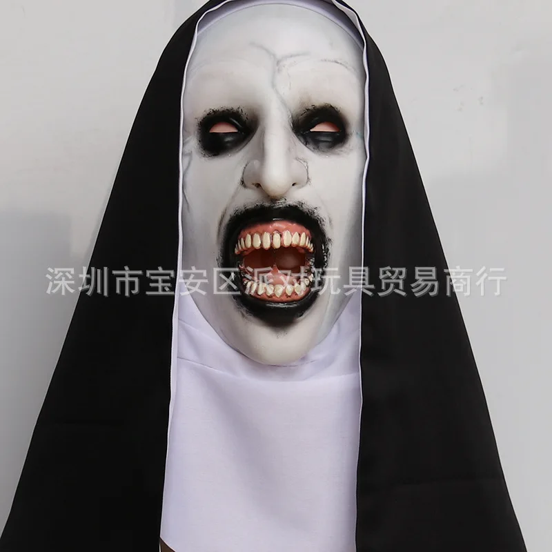 

Halloween nun grimace prank mask, terrifying Virgin Mary headgear, cosplay costume props