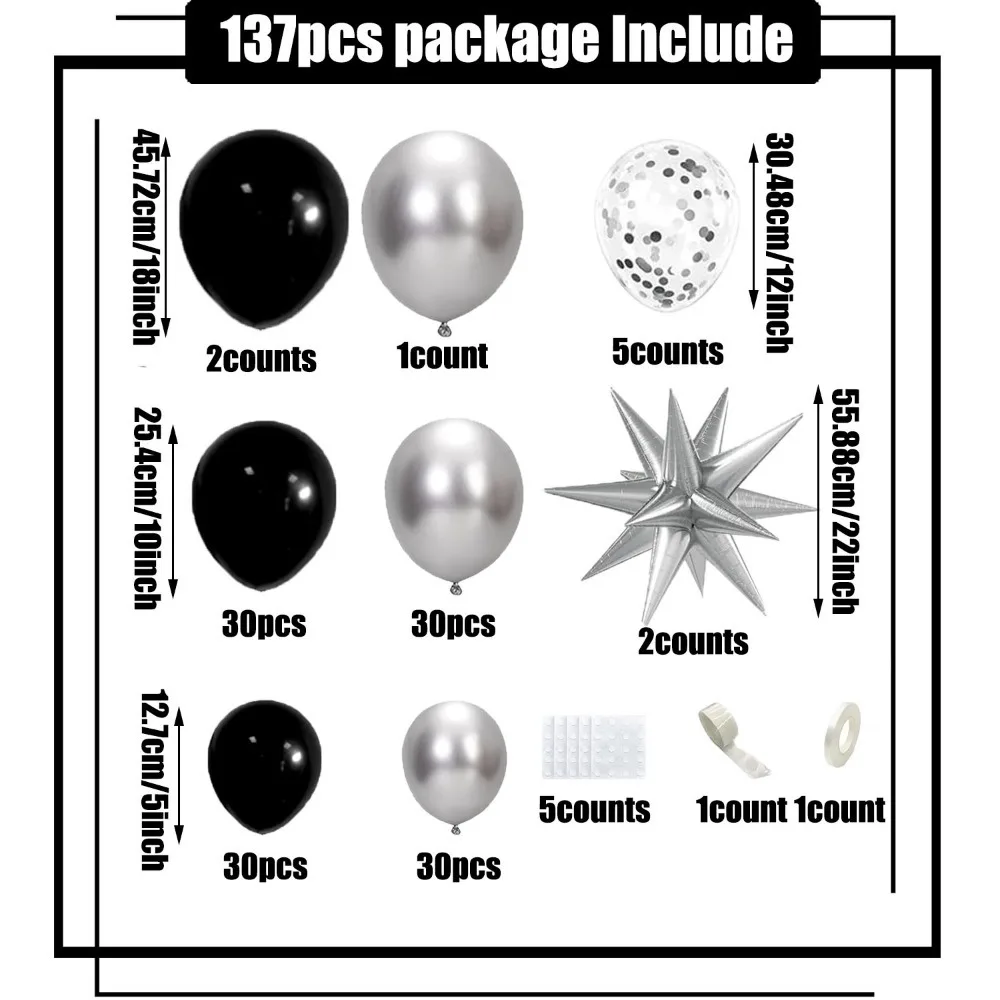 مجموعة قوس إكليل بالونات باللونين الأسود والفضي مكونة من 137 قطعة لعيد الميلاد وحفلات الزفاف والتخرج والذكرى السنوية وديكور حفلات التخرج