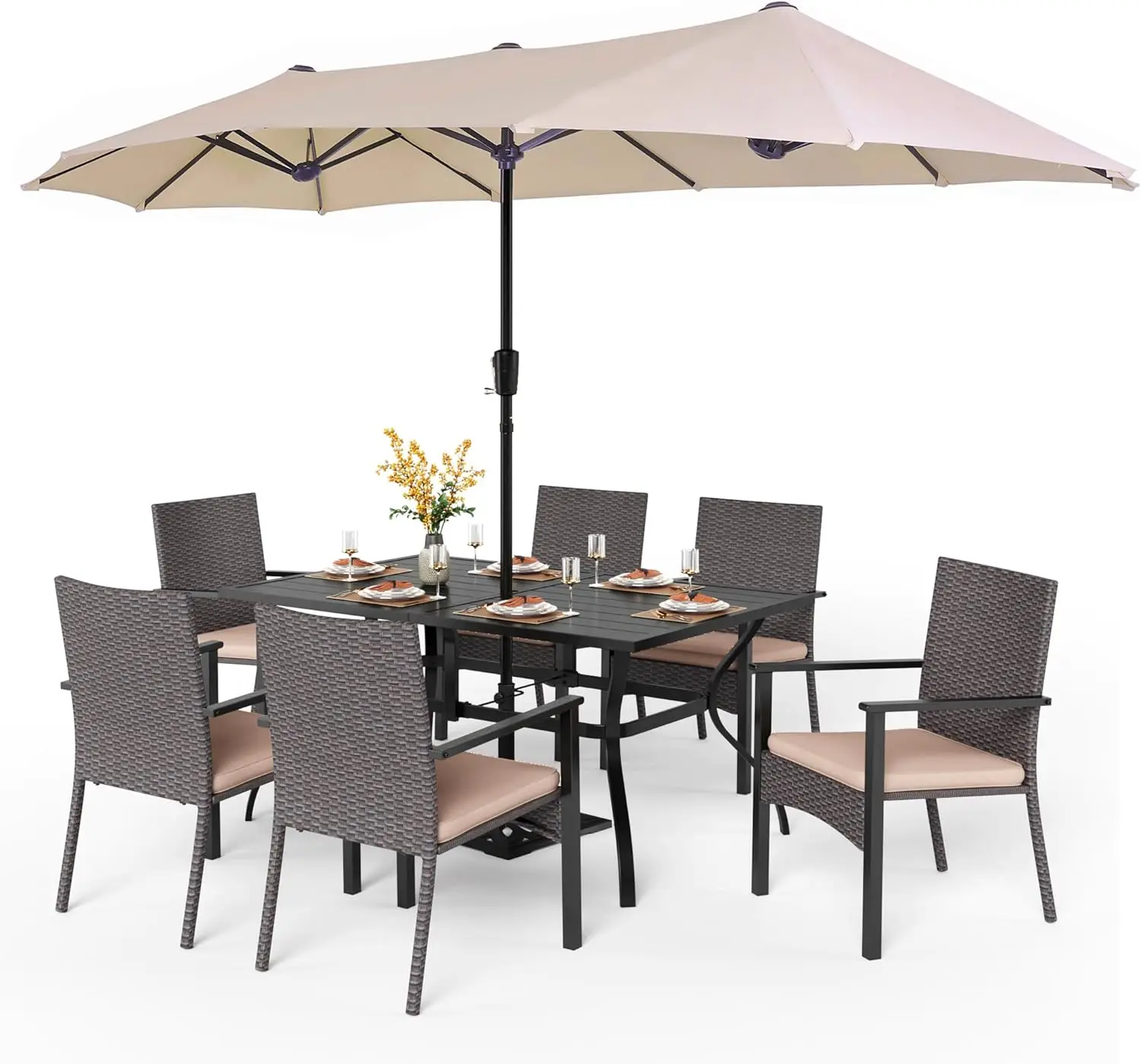 

7 Pieces Patio Dining Set with Umbrella, 60” Large Metal Iron Dining Table & Cushioned Rattan Wicker Chairs & 13ft Umbrella