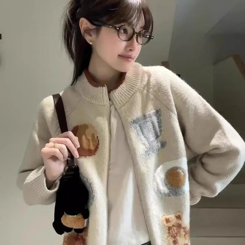 

College style knitted cardigan women's spring and autumn sweater jacket Korean zipper jacquard sweet loose lazy style sweater