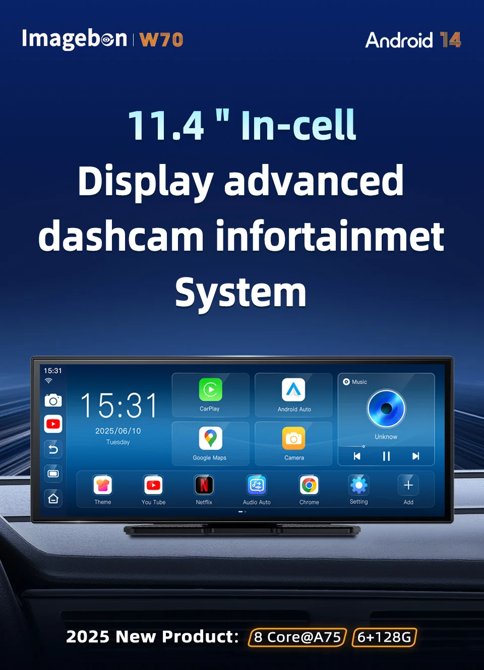 Imagebon W70 Carplay Auto Bildschirm With Rückfahrkamera Wireless Apple Carplay Android Auto Dashcam 11.4" 8 Core Android 14 Sma – Detail 2