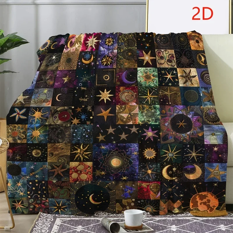 Newest Blanket Boho Celestial Star Moon Patchwork Print Flannel Blanket Vintage Mystical Warm Home Throw Blanket