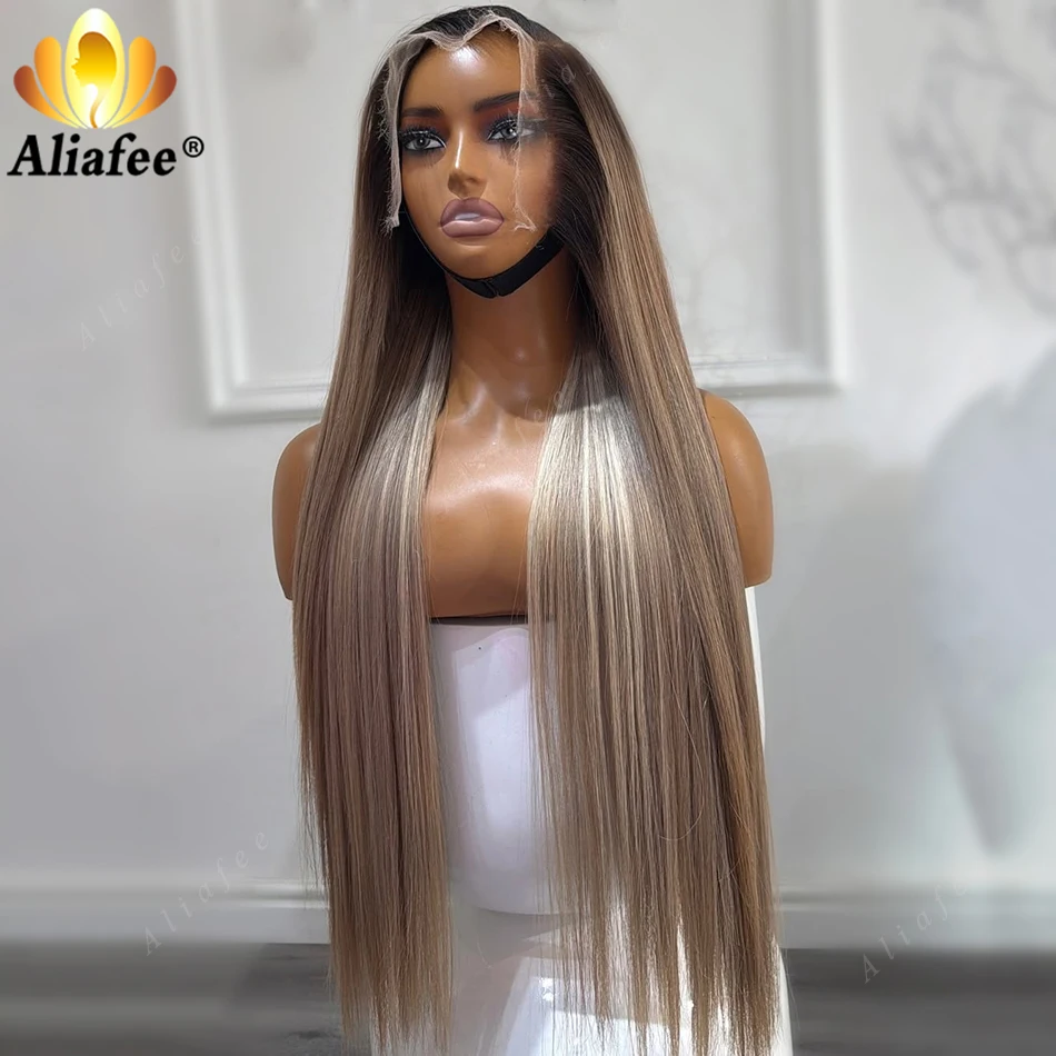 Zijdezachte rechte ombre natuurlijke bruine asblonde 13x4 HD transparante kant frontale pruiken van hoogwaardig glanzend Remy mensenhaar