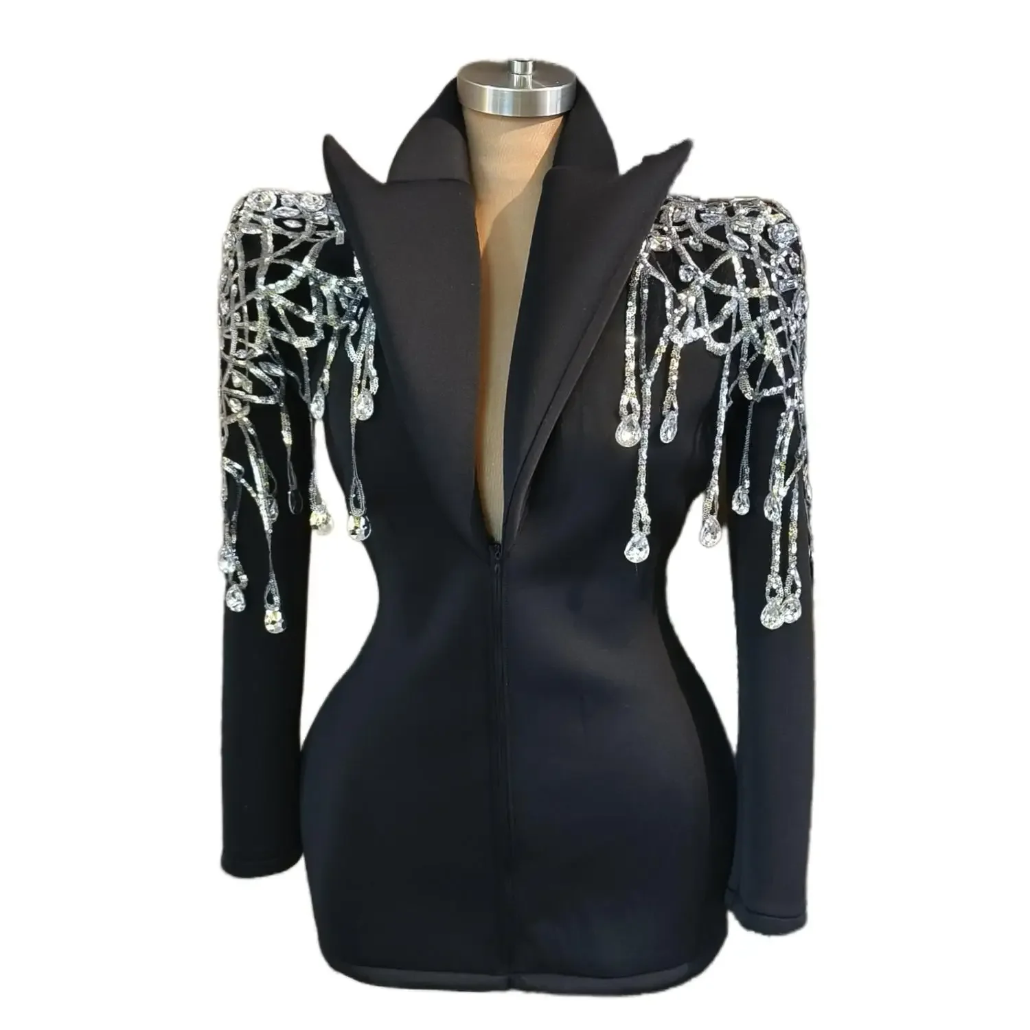 Minivestido de lentejuelas con borlas de cristal plateado para mujer, traje de fiesta de baile, chaqueta para celebración de cumpleaños y Noche