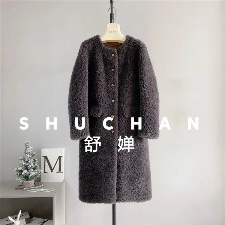 100% laine manteau femmes nouveau chaud mouton cisaillement longue col rond veste manteau fourrure agneau laine automne et hiver