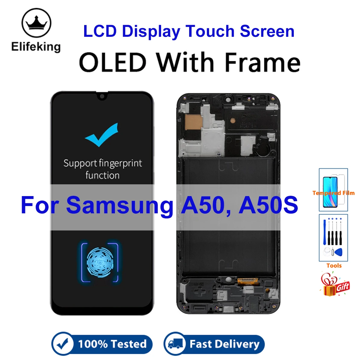 

OLED LCD For Samsung Galaxy A50 A50s A505 A507F Display Touch Screen Replacement With Fingerpirnt with Free Tools Tempered Film