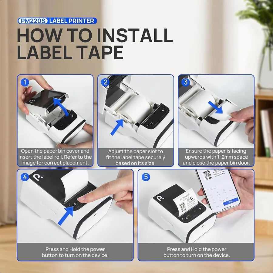 PM220S 라벨 프린터 테이프 포함 2인치 블루투스 열전사 라벨 프린터 휴대용 스티커 프린터 학교 사무실 가정 비즈니스용