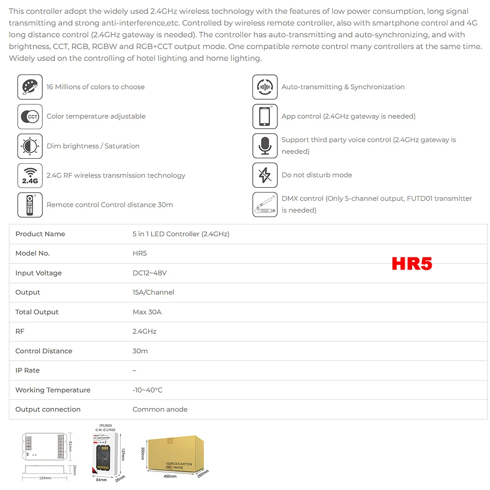 Kontroler LED Miboxer HR2 2IN1 HR5 5IN1 2,4 GHz RF Duży prąd Maks. 30 A do taśm LED jednokolorowych/dwusiałych/RGB/RGBW/RGB+CCT