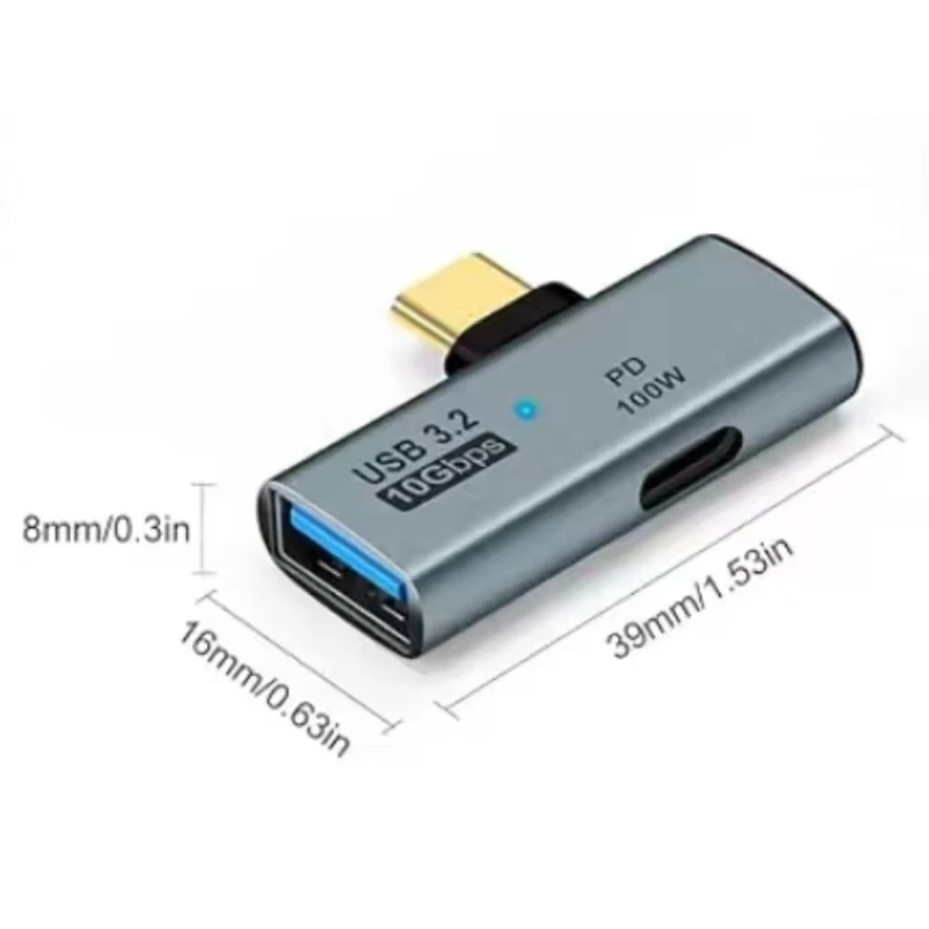 Type‑C Male to USB‑A Female Adapter, USB3.2 10Gbps OTG Converter, PD100W Fast Charging with LED Indicator, Black & Gray Optional