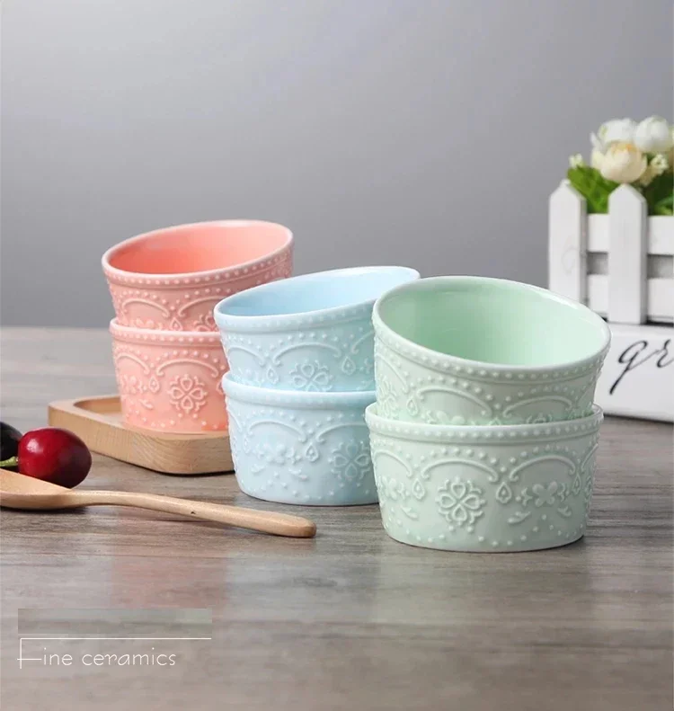 3.5inch, Color Embossed Porcelain Small Ice Cream Bowl, Ceramic Baking Bowl Verrine Dessert, Dinner Sauce Bowl, Kids Mini Bowl