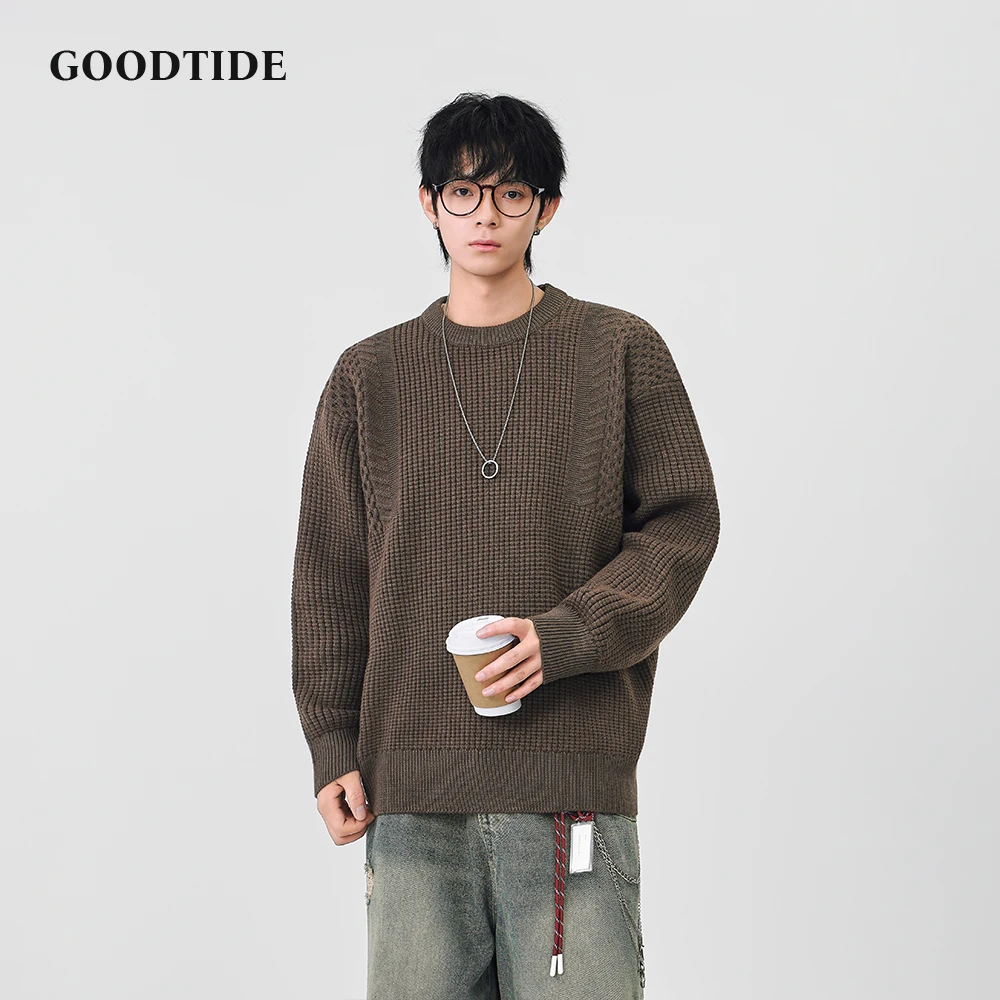 Fashion Men's Casual Crew Neck Sweater Waffle Knit Pullover Textured Panel Comfortable Soft Long Sleeve Jumper Winter Top