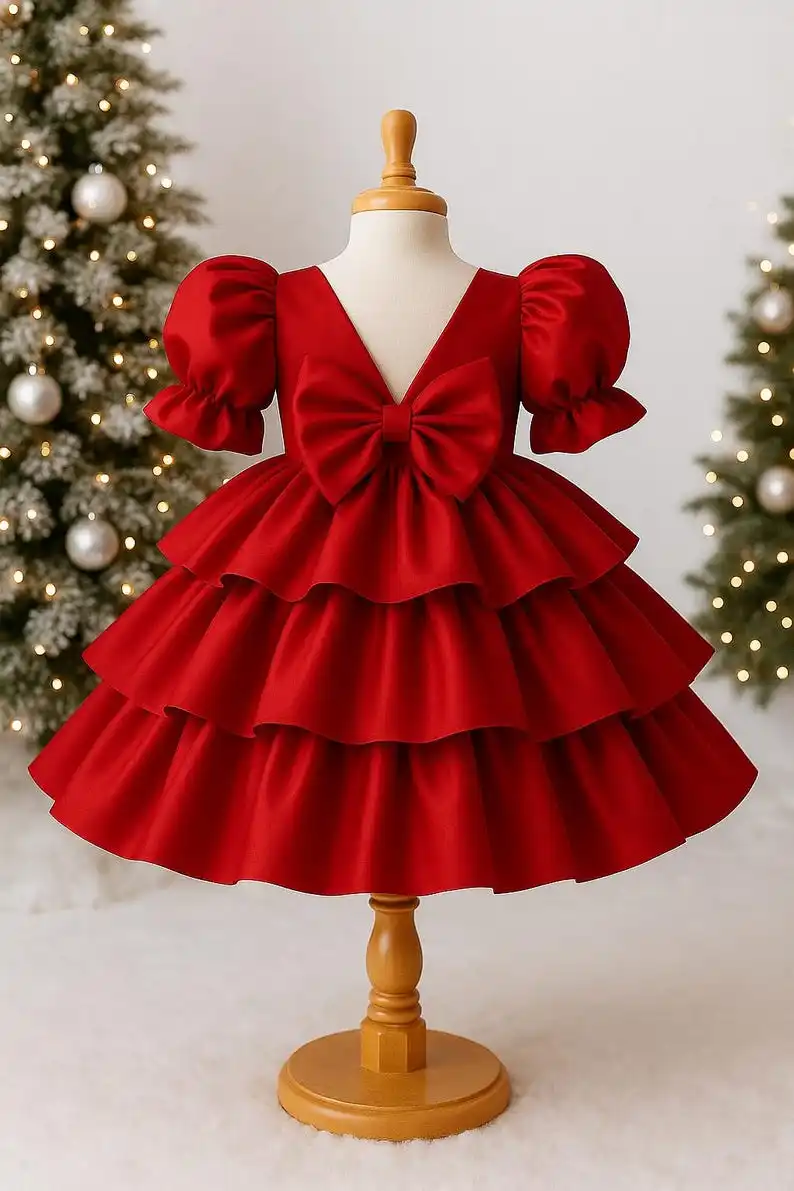 Flower Girl Satin V-Back Knee Length Ruffle Wedding Christmas Puffy Sleeves Elegant Infant Toddler Junior Church Holiday Dress