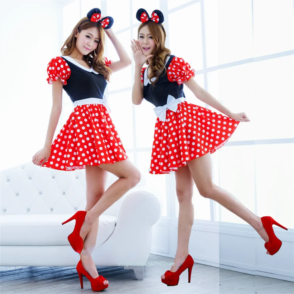 Disney Meninas Vestido Minnie Mickey Mouse Cosplay Traje Verão Adulto Roupas Headwear Terno Halloween Presente de Natal Mulheres Vestido