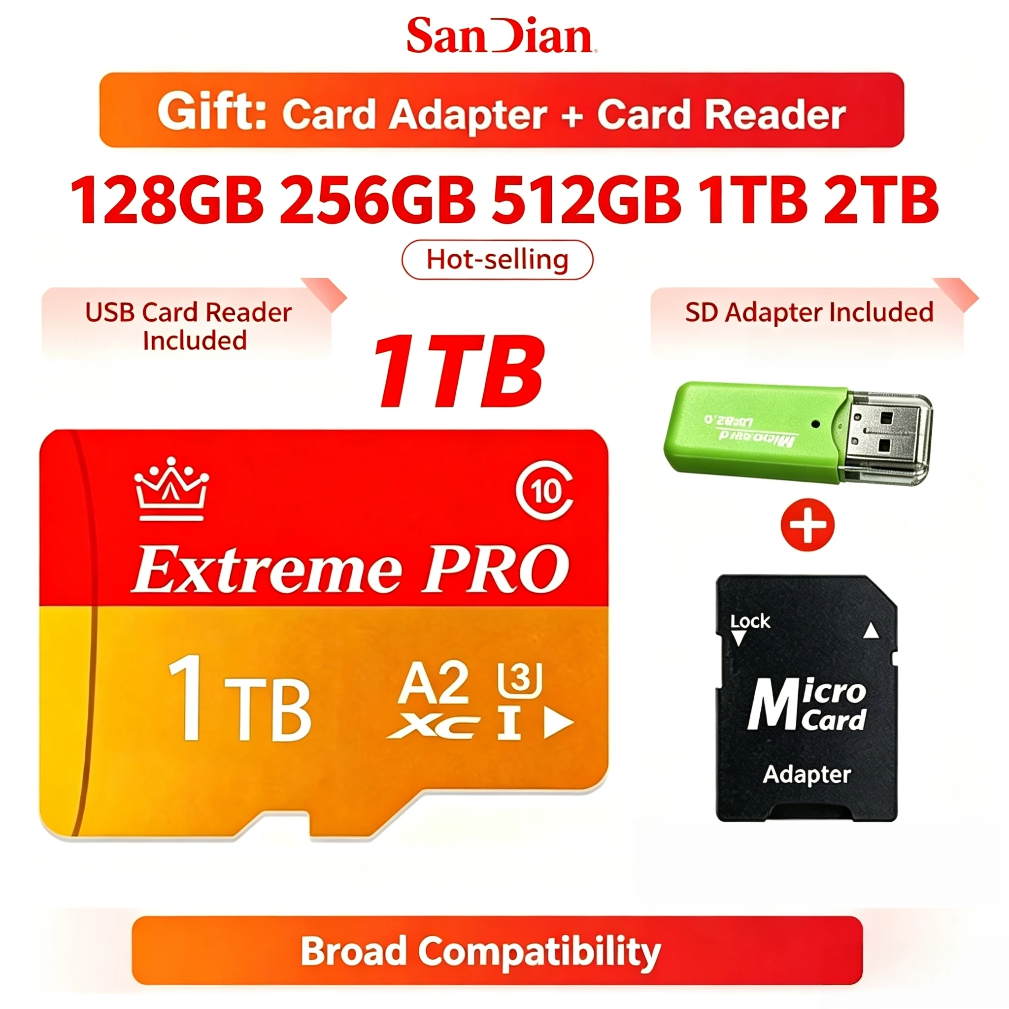 Plug Play 256GB Micro TF SD Card Class 10 U3 V30 High Speed Waterproof with USB Adapter for Phone Laptop Camera Pro