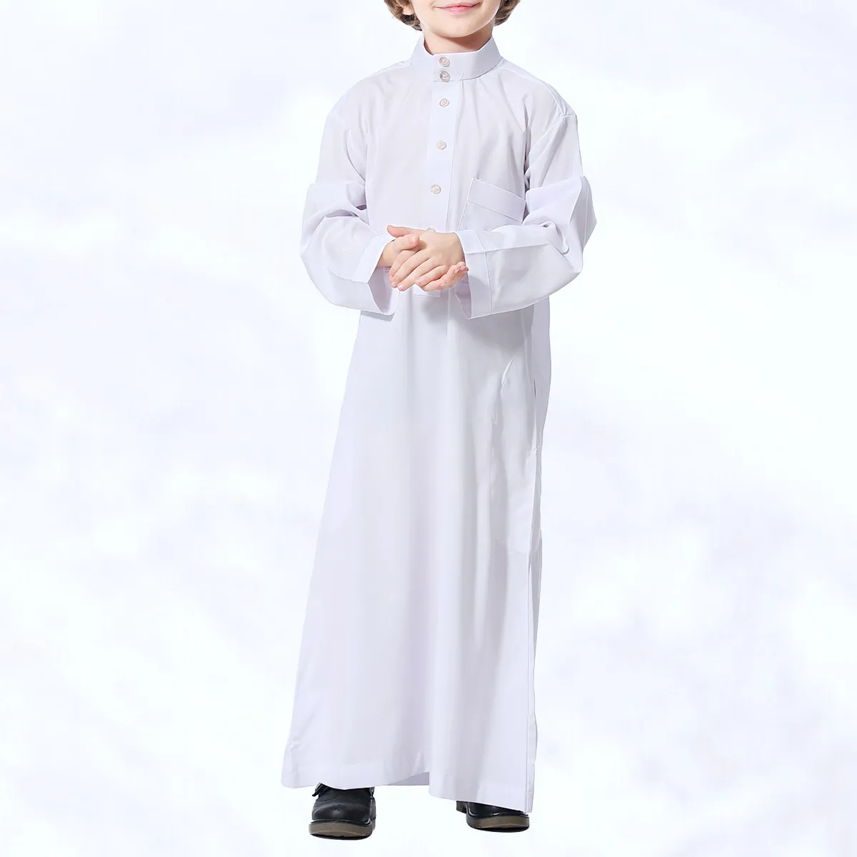 Muslim Robe White 130Cm Teenagers Long Sleeve Straight Collar Arab Gown Middle Eastern Long Robe Boys Casual Party Festival