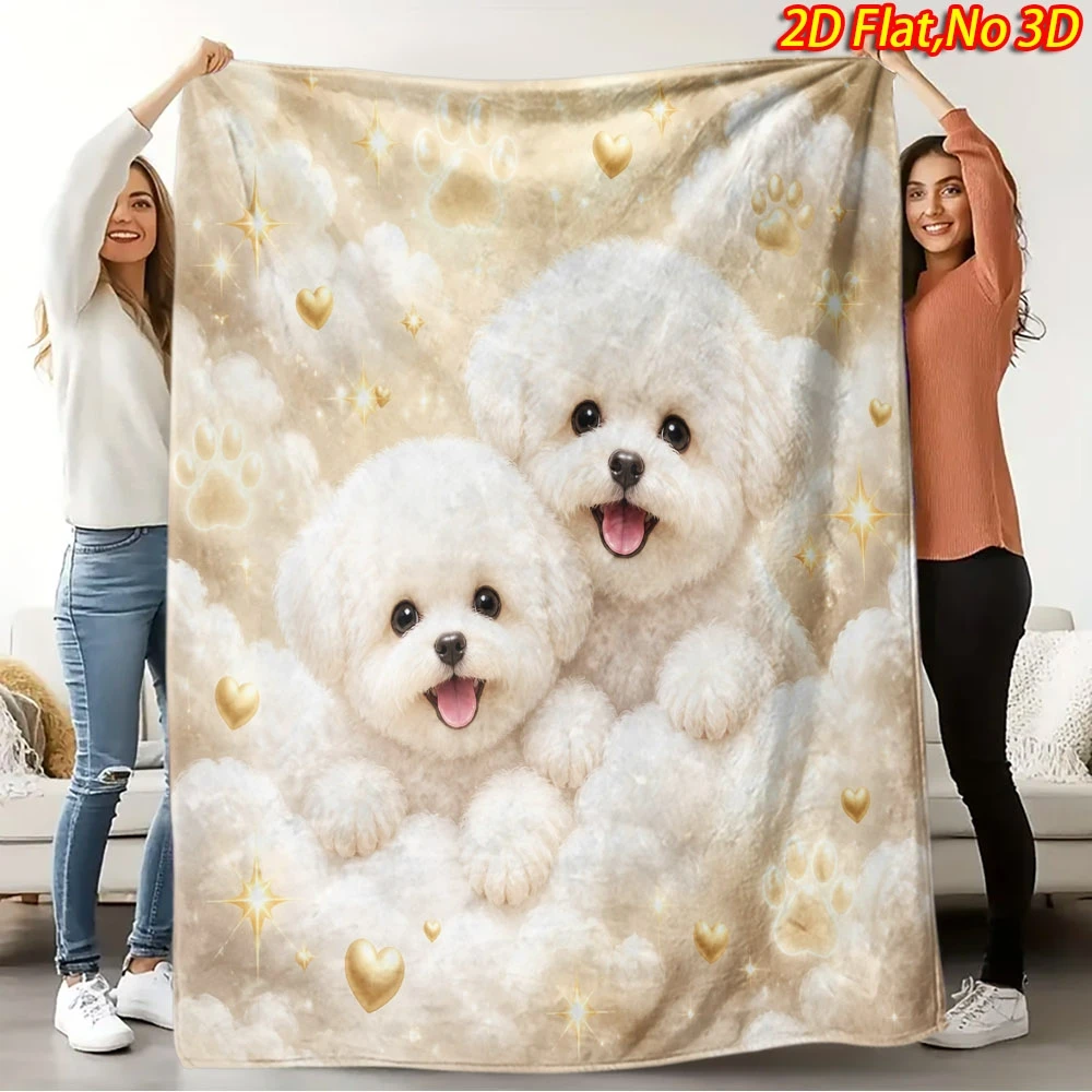 1pc 2D Flat Printing Spring & Summer New Arrival Digital Print Blanket with Two Adorable Bichon Frise Dogs on a Dreamy Cloud Bac